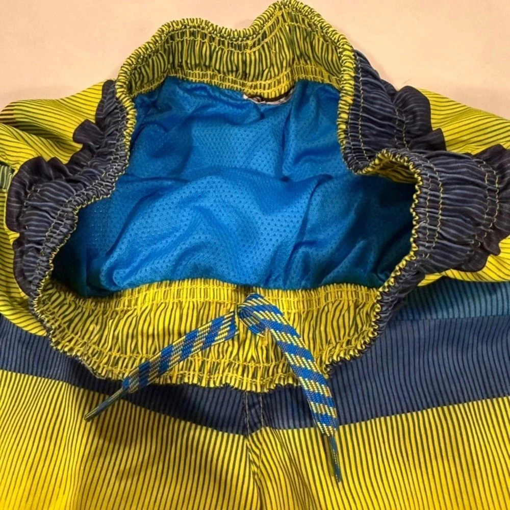 Nike‎ Swim Trunks Boys Medium Blue Lime Green Excellent Striped Board Shorts